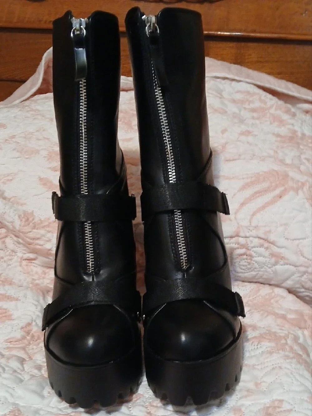 Women's Black Platform Heeled Ankle Boots with Front Zip